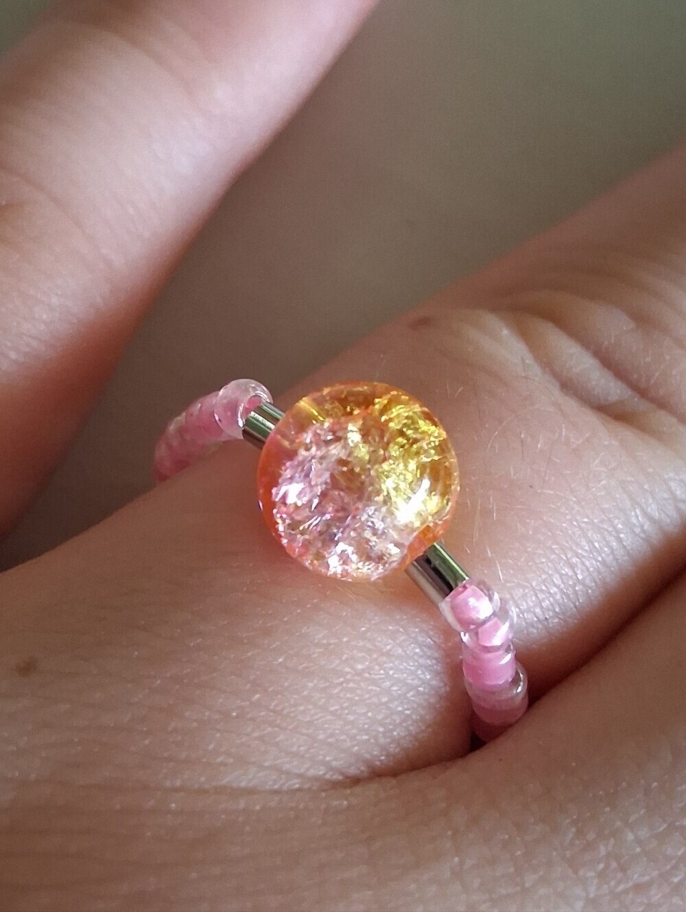 5/$25 Hand Crafted Pink and Orange Crackle Glass Beaded Ring 6,7,8